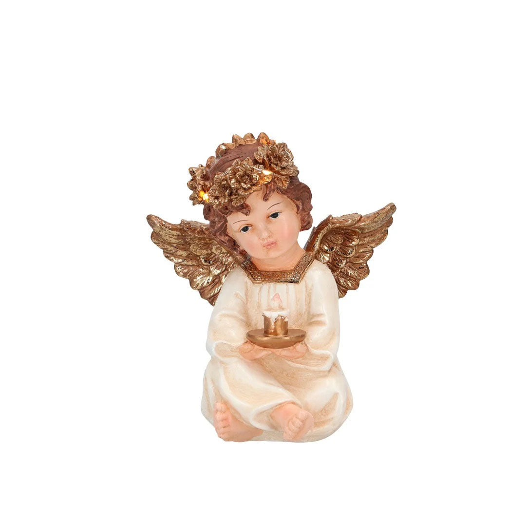 Angelo seduto con candela LED Timstor in ceramica bianco e oro 19,5 cm
