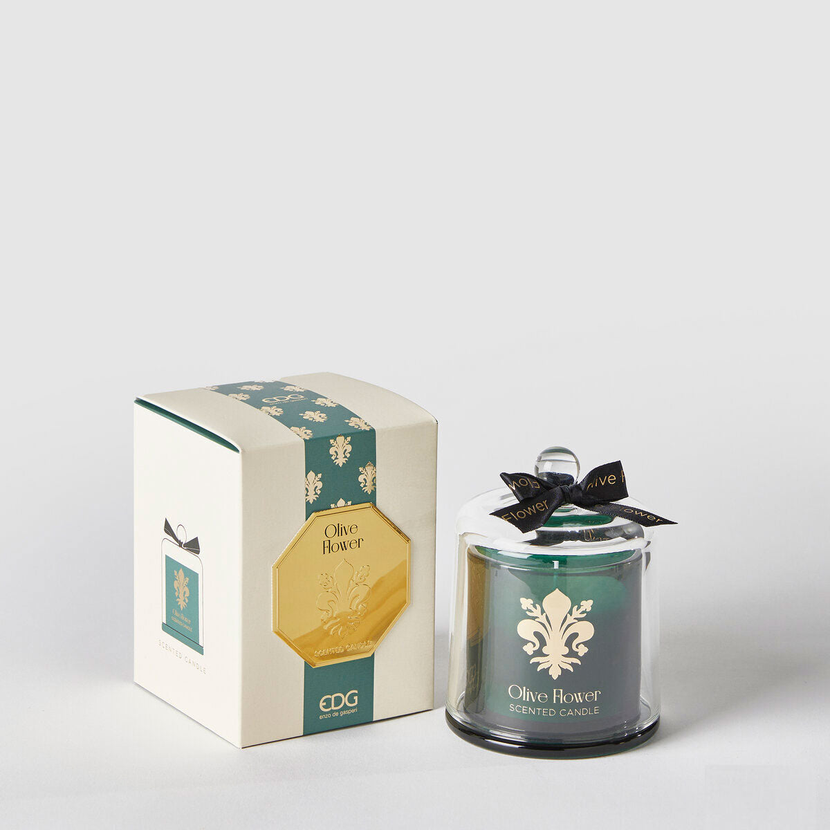 EDG Enzo de Gasperi Goldlily Candle with Glass Dome 13cm Green Olive Flower