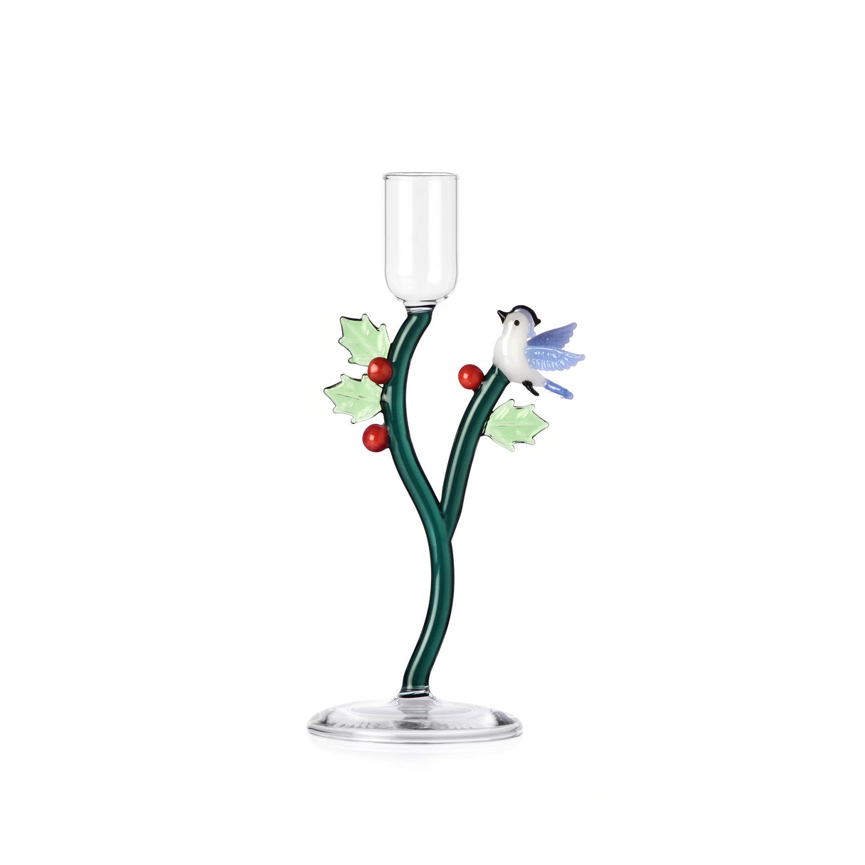 ICHENDORF Woodland Tales Candeliere Agrifoglio e Uccellino Azzurro 18,5cm Vetro Borosilicato