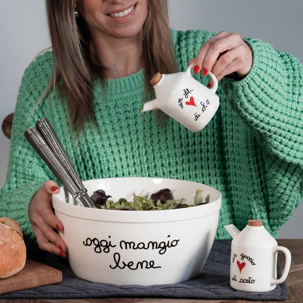 SIMPLE DAY Set Olio e Aceto Oliera Acetiera Un Filo d'Olio Un Goccio d'Aceto 250ml Gres