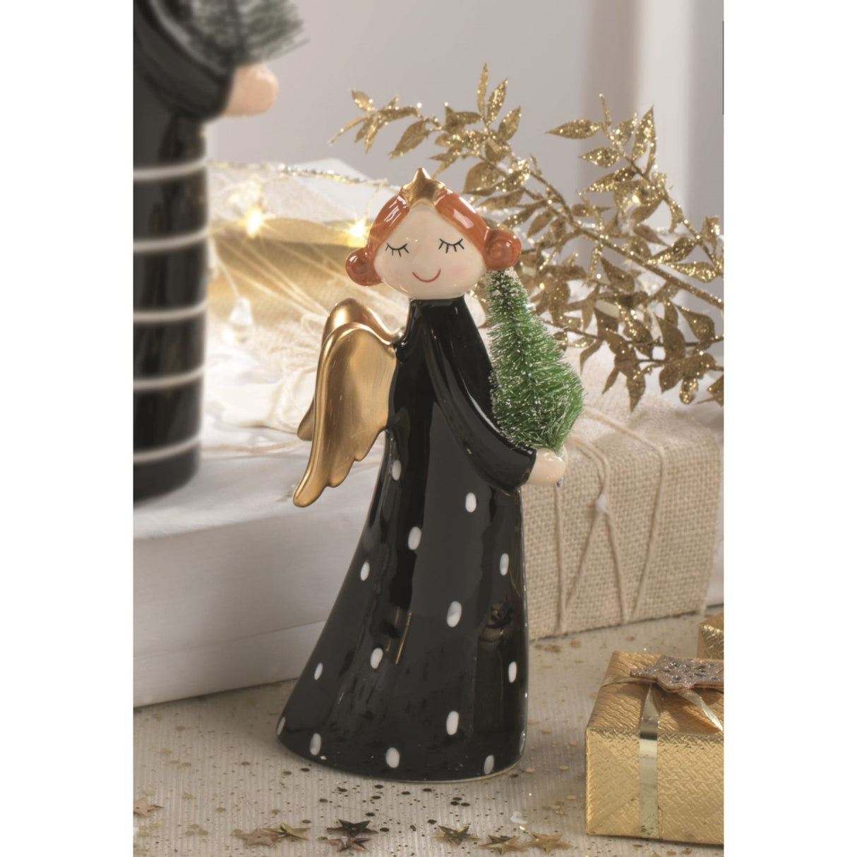 MASCAGNI CASA - Angelo di Natale Decorazione Natalizia Nero Oro Bianco 18 cm Ceramica