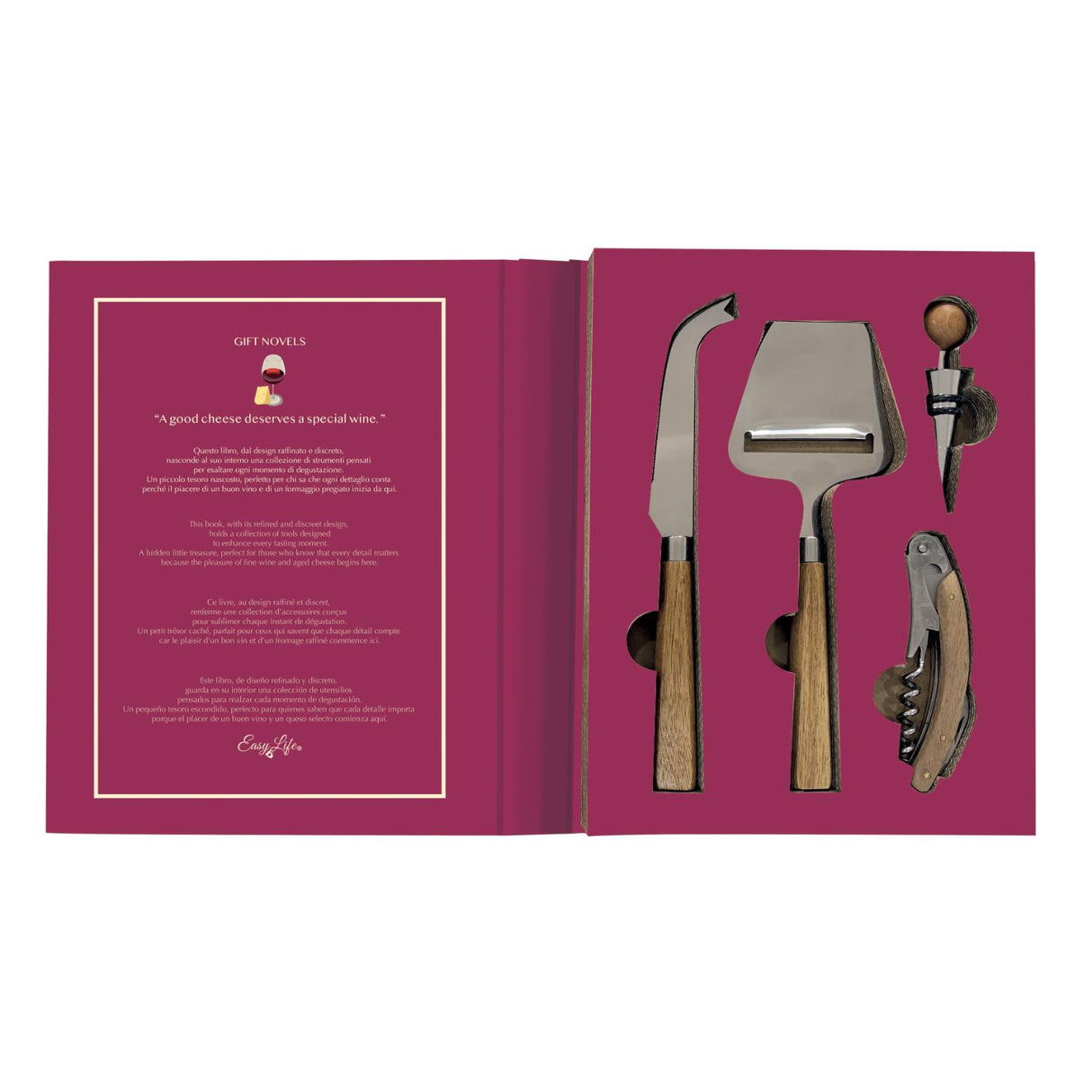 EASY LIFE Set Vino Coltello Affetta Formaggio Tappo e Cavatappi Confezione Regalo