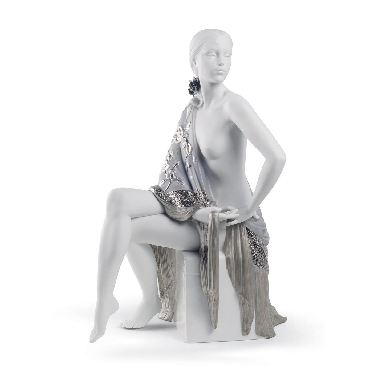 LLADRO' - Porcelain statue figure Nude Woman with shawl. Silver luster