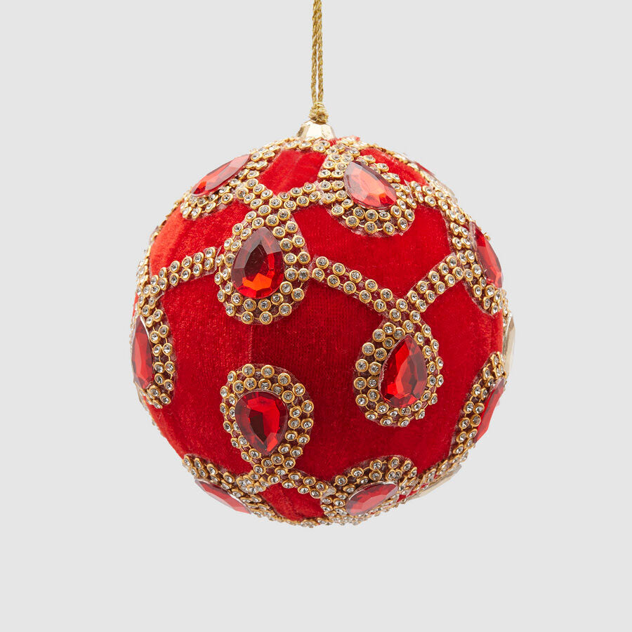 EDG Enzo De Gasperi Christmas Tree Bauble Sphere 10cm Velvet with Red Gems