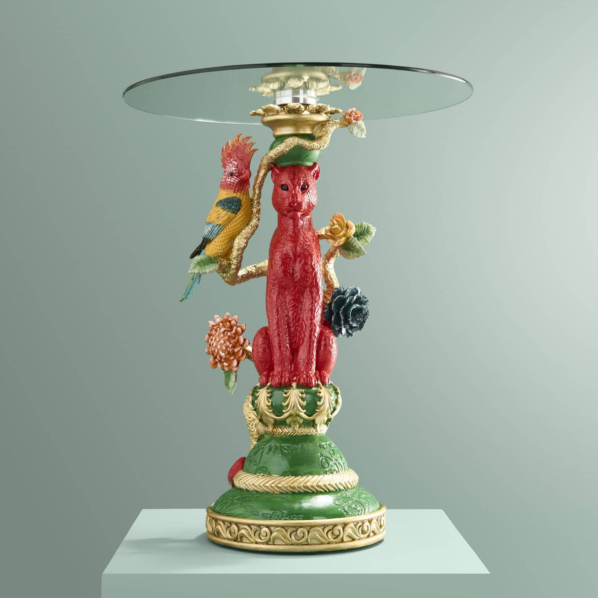 WERNS Tavolino Leopardo con Cacatua 40x51cm Poliresina