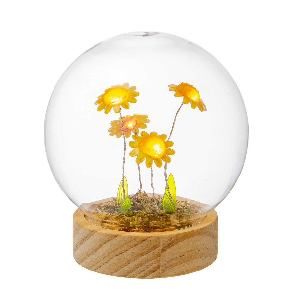 PALAIS ROYAL Sfera in Vetro con Girasoli e LED 12cm Base in Legno