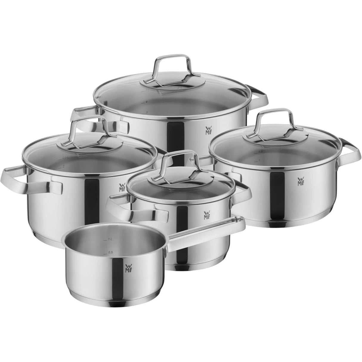 Batteria pentole Belmonte WMF acciaio inox lucido 5 pezzi con coperchi vetro
