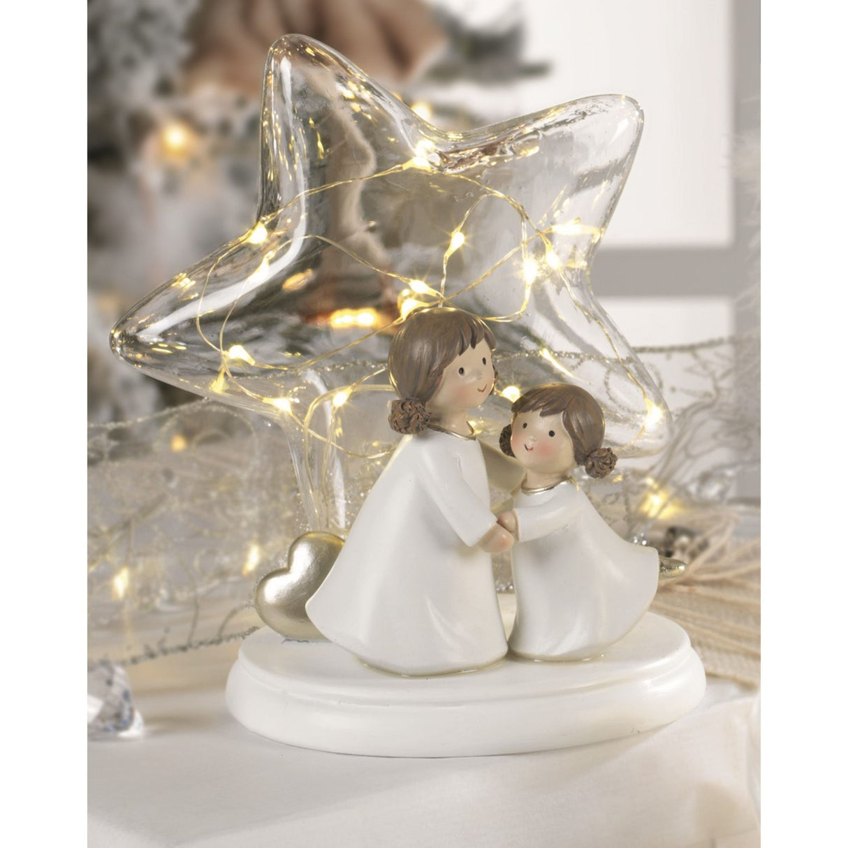 MASCAGNI CASA - Decorazione Natalizia Bimbe con Stella LED 17 cm Resina Vetro