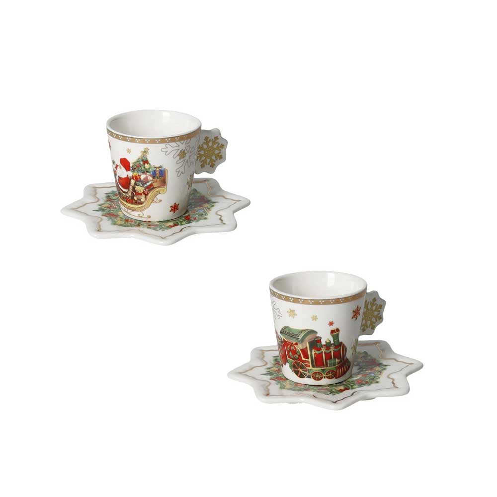 BRANDANI Christmas Tazzina Caffè Natalizia Set 2 Pezzi 27cm Porcellana