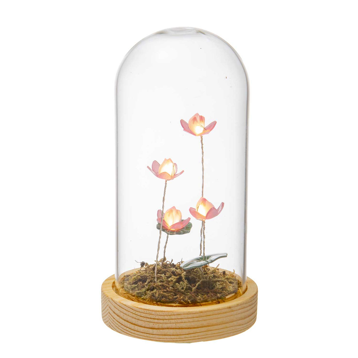 PALAIS ROYAL Cupola in Vetro con Fiori di Loto e LED 17cm Base in Legno