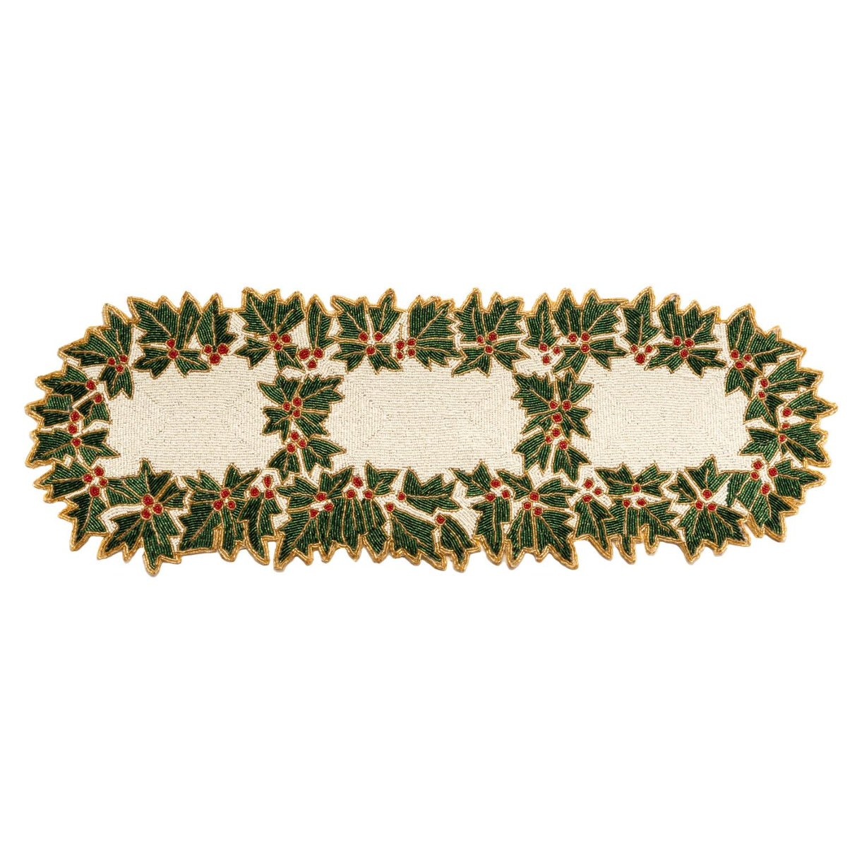 PALAIS ROYAL Runner Natalizio con Agrifoglio Bianco Verde 90x32cm Ricamato con Perline