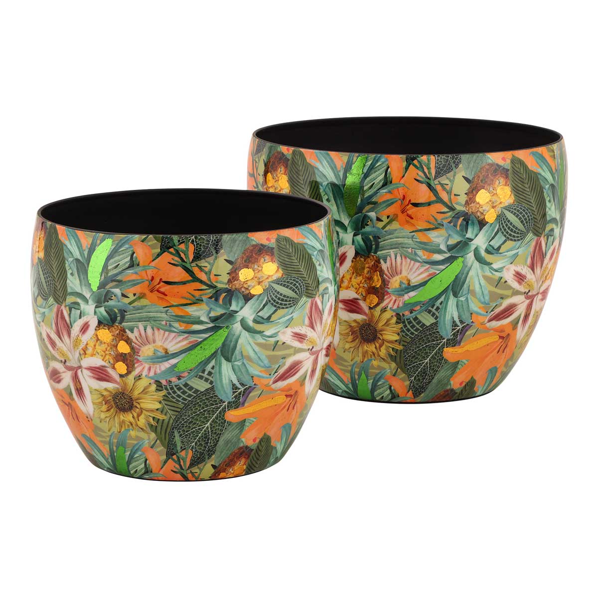Vaso portapiante Exotic Palais Royal in metallo con decoro tropicale 16x16 cm