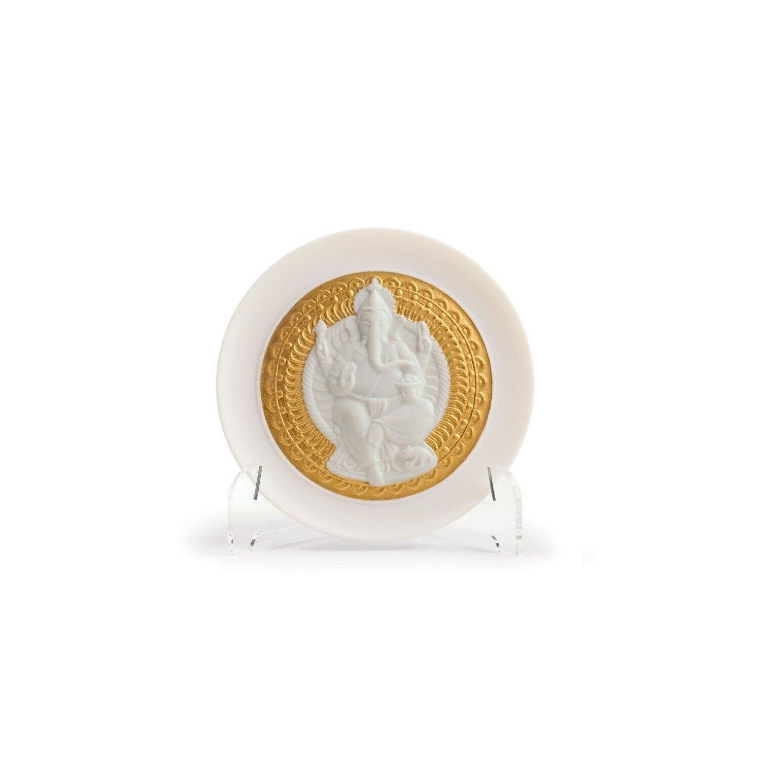 LLADRO' Piatto Decorativo Lord Ganesha Lustro Oro 10x10cm Porcellana