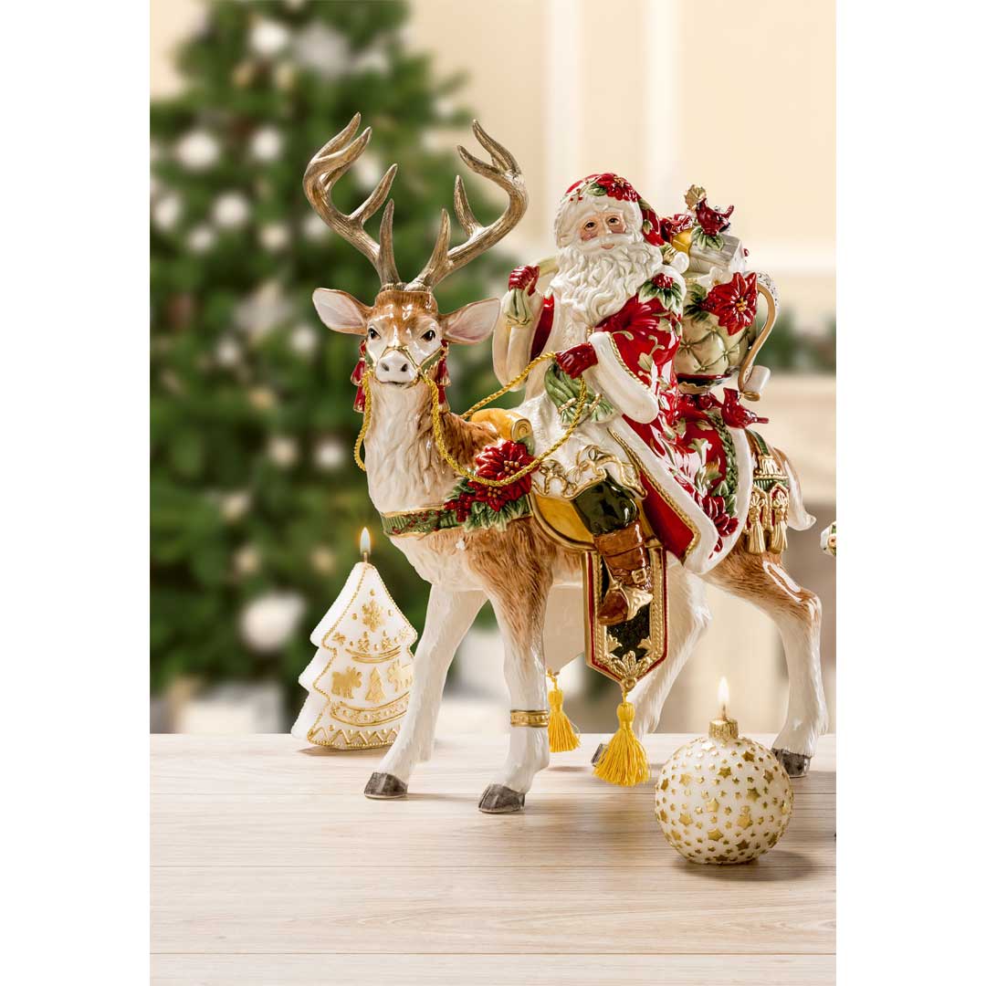 FITZ & FLOYD Figura Decorazione Babbo Natale su Renna 33x42cm Porcellana Natale