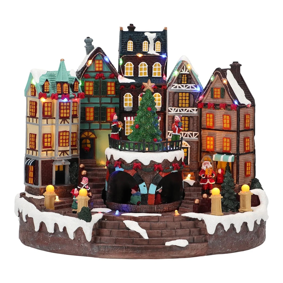 Paesaggio natalizio città Timstor con luci LED e albero rotante 31x27,5 cm