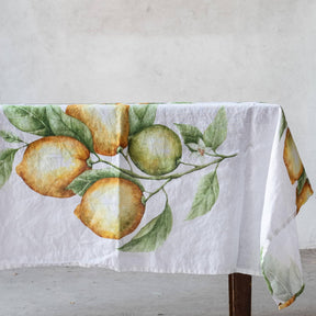Tovaglia Limoni Simple Day in lino bianco stampa acquerello 160x320 cm
