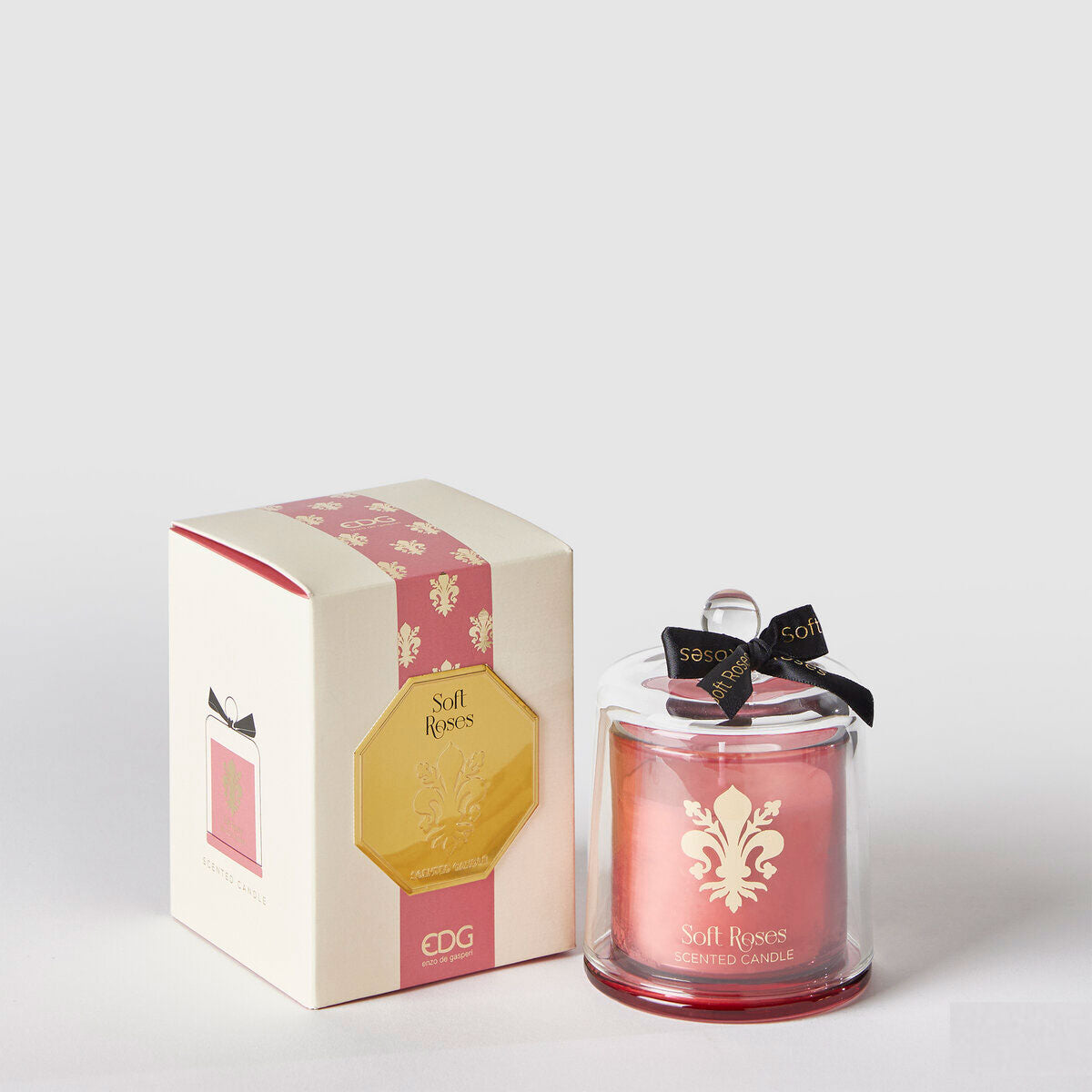 EDG Enzo De Gasperi Goldlily Candle with Glass Dome 13cm Soft Pink Roses Pink