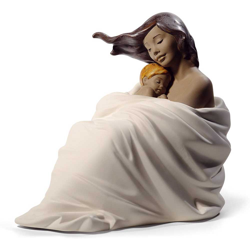 NAO Dormendo con la Mamma Figura Statua Porcellana 23x22cm Madre con Bambino