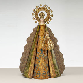 Statua Madonna con Bambino Noel in metallo dorato e decori floreali 51 cm