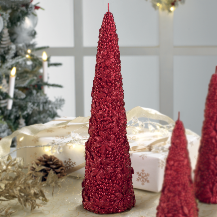 MASCAGNI CASA Candela Cono Decorata 30cm Decori in Rilievo Rosso