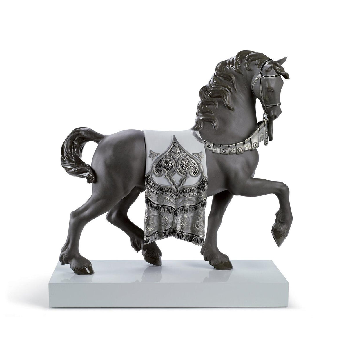 LLADRO' Scultura Cavallo Cortigiano Lustro Argento 42x40cm Porcellana