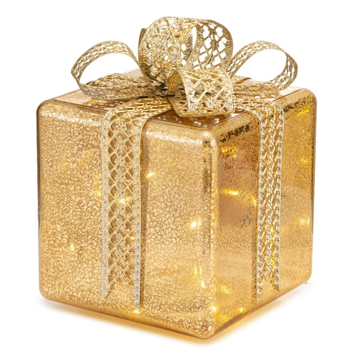 PALAIS ROYAL Pacco Regalo Oro con LED Decorazione Natalizia 18x26cm Vetro