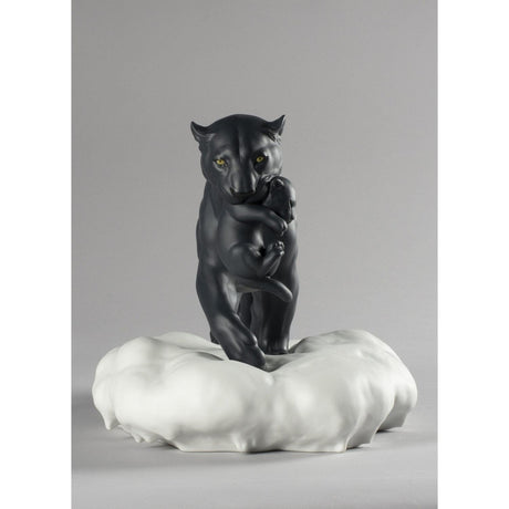 Lladró Figurina Pantera Nera con Cucciolo 25x48cm Porcellana