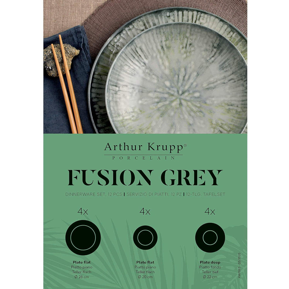 ARTHUR KRUPP Set 12 Pezzi Servizio Piatti Tavola Fusion Grey Porcellana