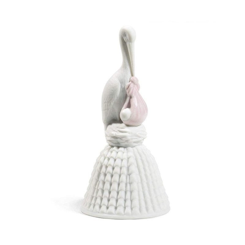 NAO Statua Statuina Campana Cicogna Rosa Porcellana 14x6cm