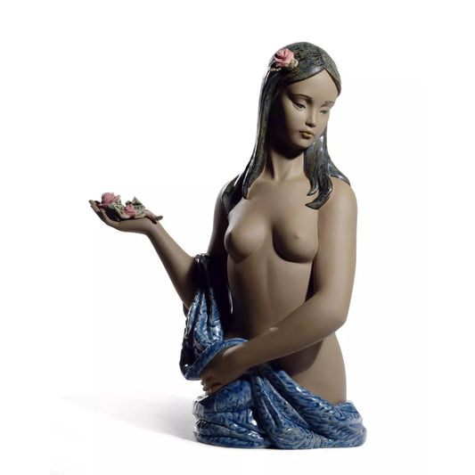 NAO Statua Statuina Raffigurazione Donna Velo Blu Porcellana 36x28cm