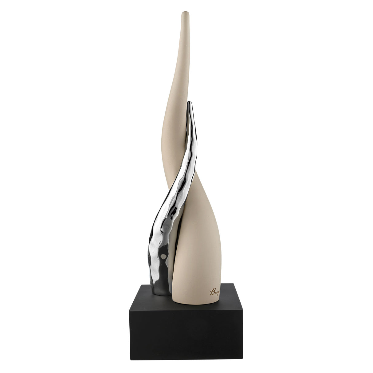 BONGELLI PREZIOSI Corno Cornetto Portafortuna 28cm Nocciola e Argento Base Nera Marmorino