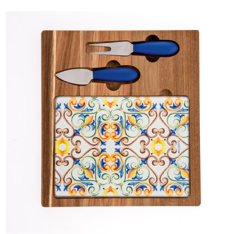 BRANDANI Medicea Tagliere in Legno Acacia Vetro con 2 Coltelli in Acciaio
