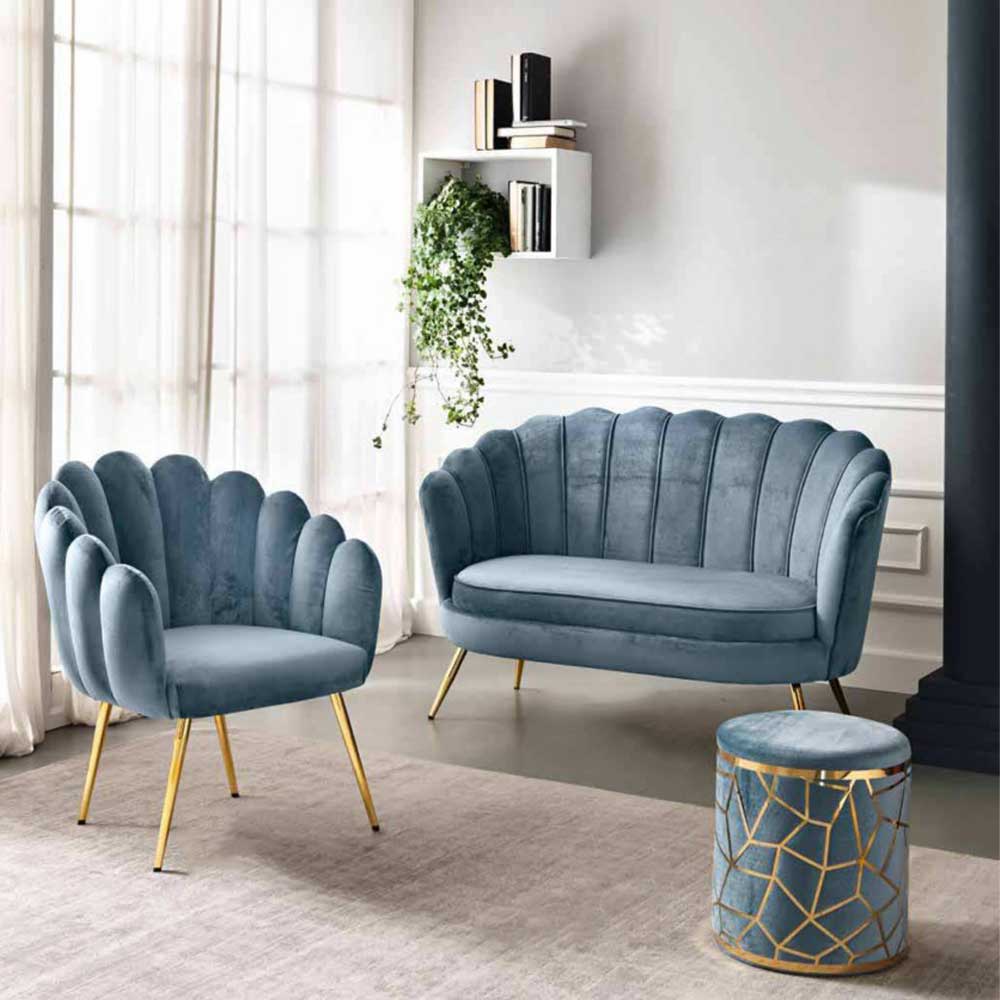 BRANDANI Poltrona Conchiglia Velluto Gambe Oro per Soggiorno