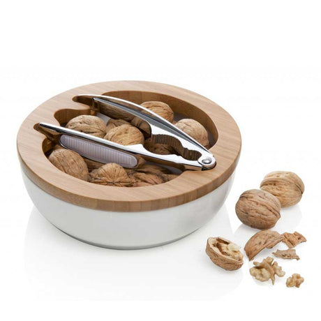 BRANDANI Ciotola Portanoci 19,5cm Bianca Bamboo con Schiaccianoci Porcellana