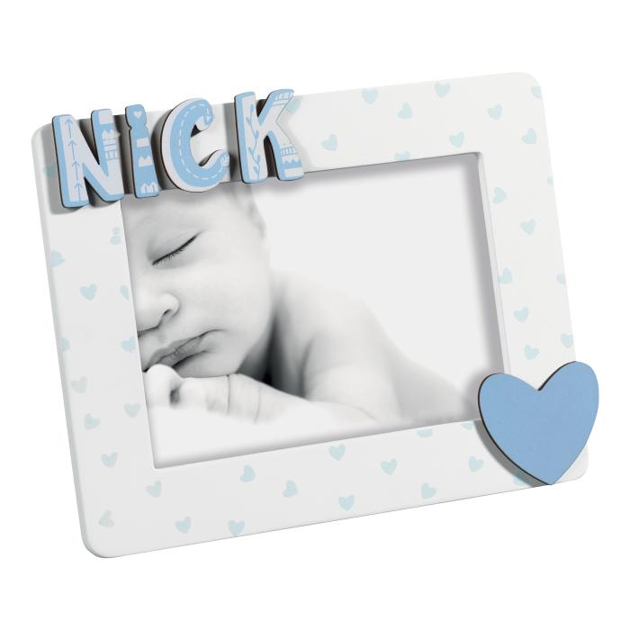 MASCAGNI CASA Cornice Portafoto Con Nome Bambino 13x18cm in Legno Celeste