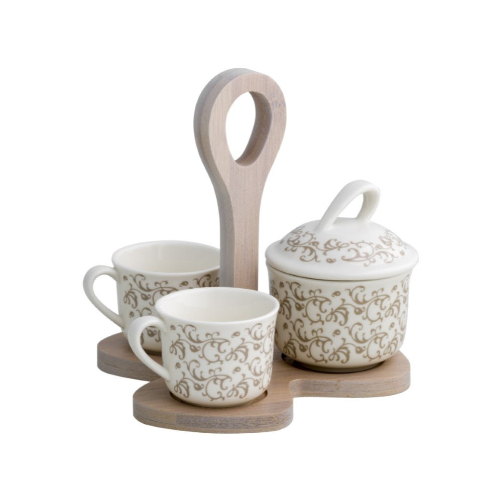 BRANDANI Coffee Set Fairy Curls Porcelain White Natural Bamboo Support