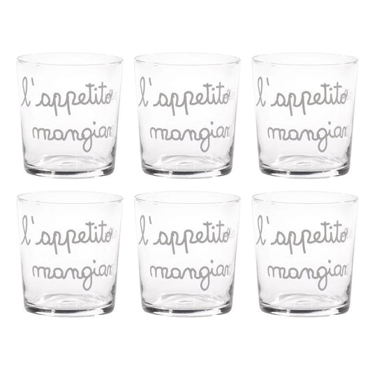 SIMPLE DAY Bicchieri Acqua L'Appetito Vien Mangiando Set 6 Pezzi 355ml Vetro