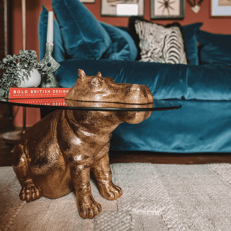 WERNS Tavolino da Caffè Ippopotamo Patty Potamus 45x64cm Oro Resina