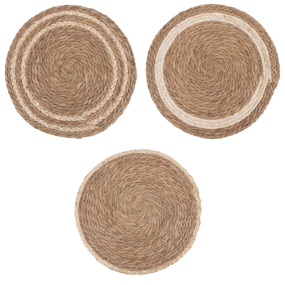 VILLA D'ESTE HOME TIVOLI Tovaglietta Tonda Natural Set 3 Pezzi 40cm Intreccio di Foglie Naturali