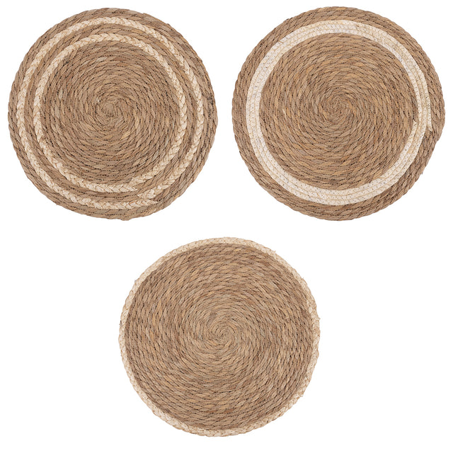 VILLA D'ESTE HOME TIVOLI Tovaglietta Tonda Natural Set 3 Pezzi 40cm Intreccio di Foglie Naturali