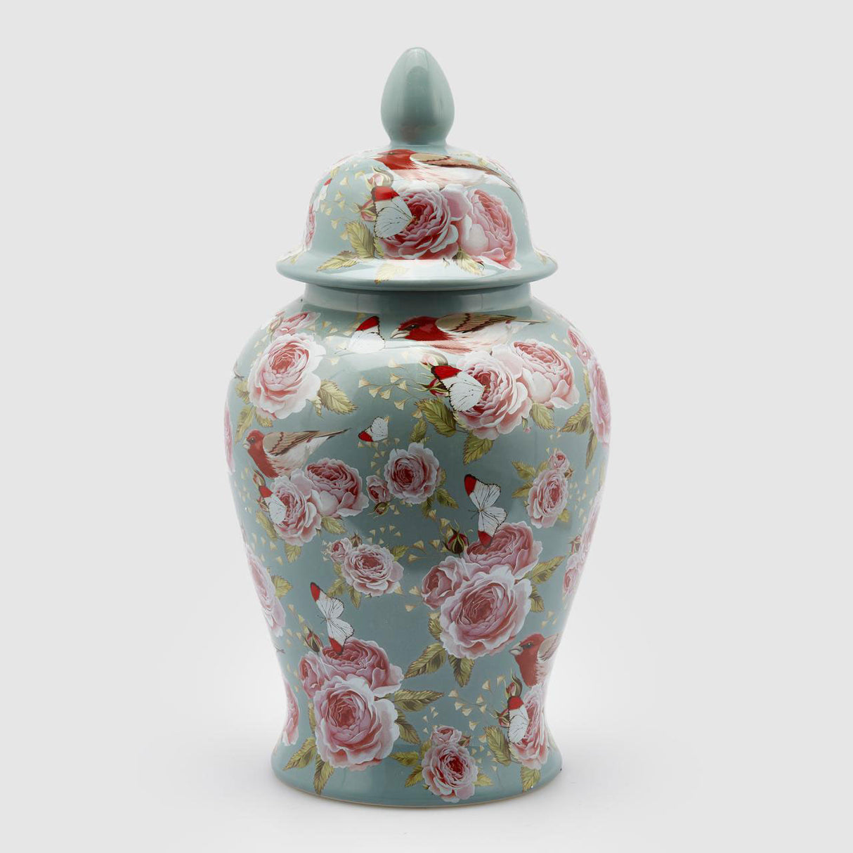 EDG Enzo De Gasperi Potiche Vaso con Coperchio Ching con Rose 46x24cm Azzurro Ceramica