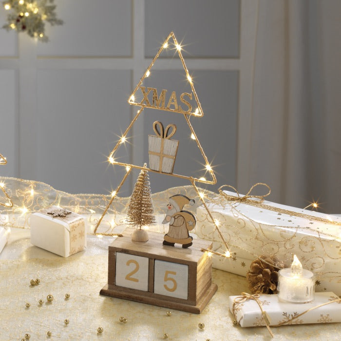 MASCAGNI CASA Calendario dell'Avvento Abete Santa Claus con LED 35cm Oro Decorazione Natalizia