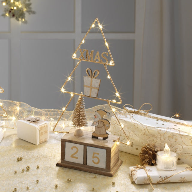 MASCAGNI CASA Calendario dell'Avvento Abete Santa Claus con LED 35cm Oro Decorazione Natalizia