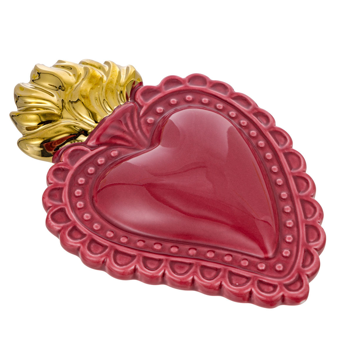 MONTEMAGGI Cuore Ex Voto Amaranto Fiamme Oro 16x11cm Ceramica Decorazione Dipinta a Mano