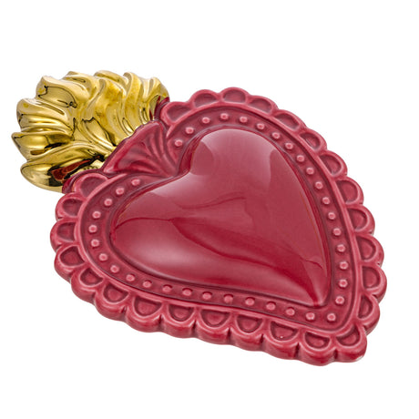 MONTEMAGGI Cuore Ex Voto Amaranto Fiamme Oro 16x11cm Ceramica Decorazione Dipinta a Mano