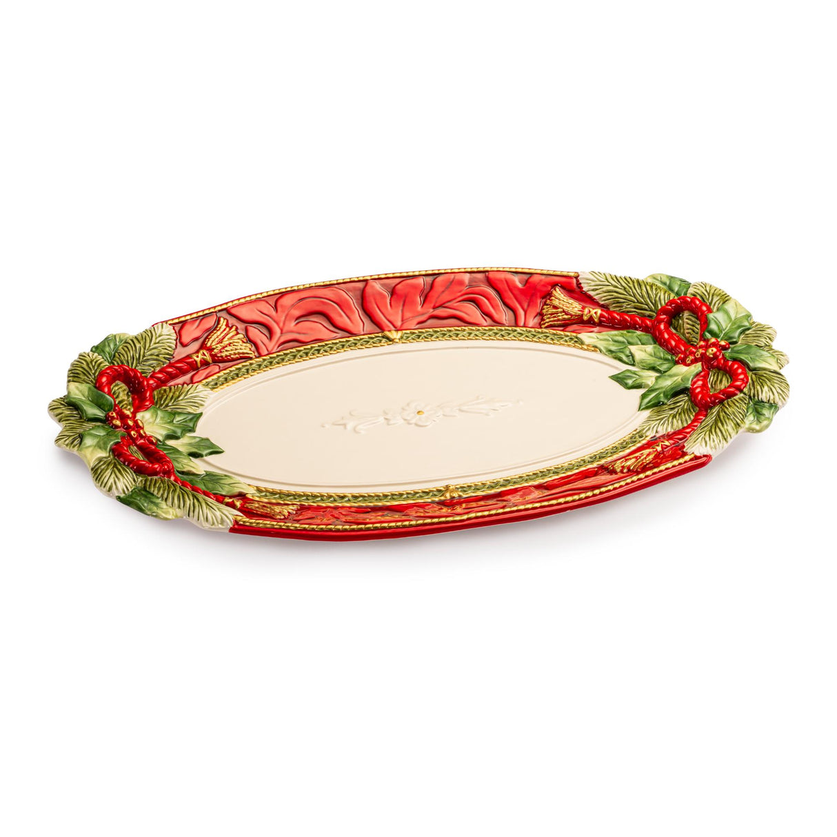 FITZ & FLOYD Vassoio Centrotavola Ovale 44x26cm Rosso Porcellana Tavola di Natale