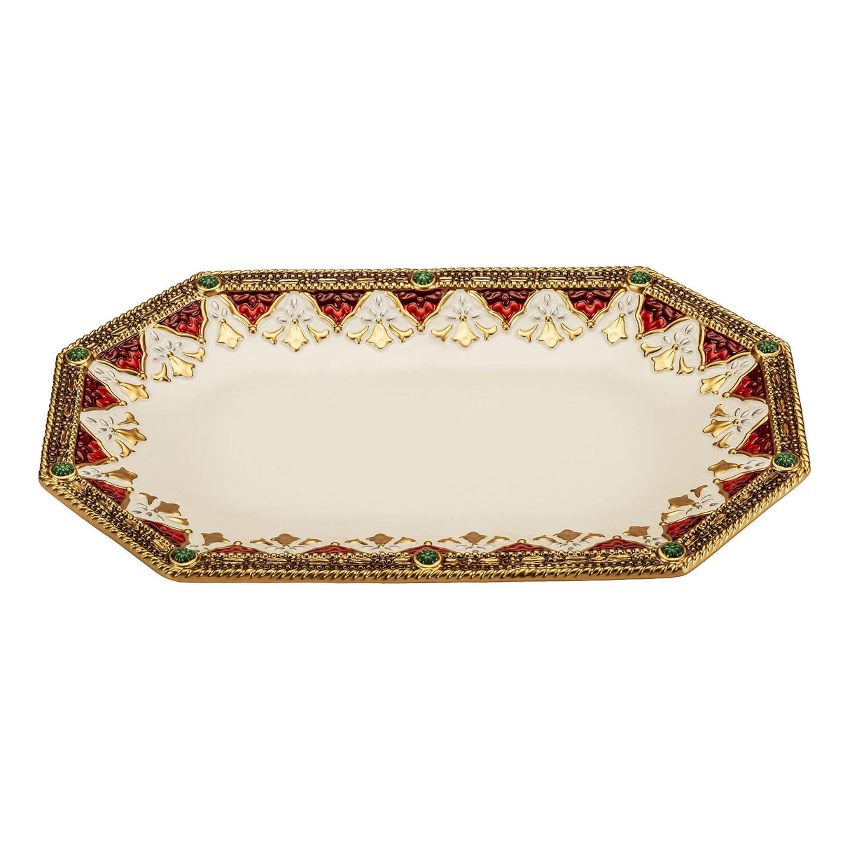 FITZ & FLOYD Vassoio Centrotavola Ovale 35x22cm Bordo Oro Porcellana Tavola di Natale