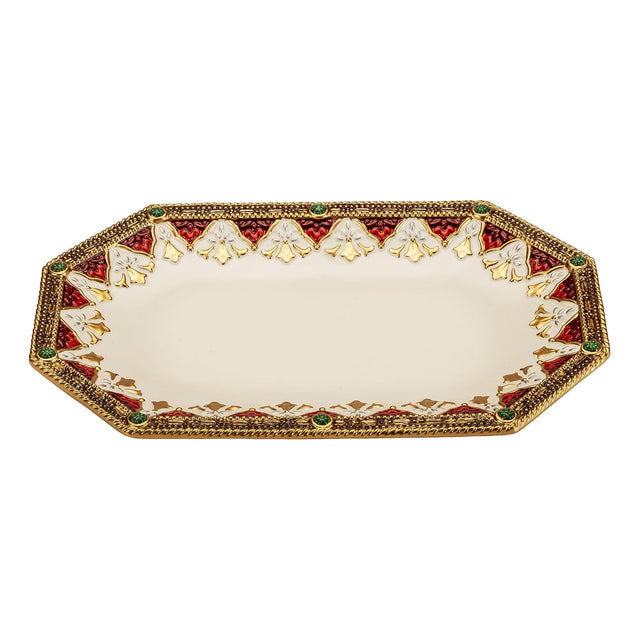 FITZ & FLOYD Vassoio Centrotavola Ovale 35x22cm Bordo Oro Porcellana Tavola di Natale