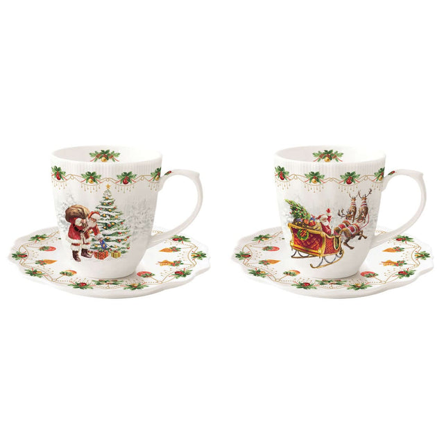 EASY LIFE Nostaligc Christmas Set 2 Tazzine Caffè 110ml con Piattino Porcellana Tavola di Natale