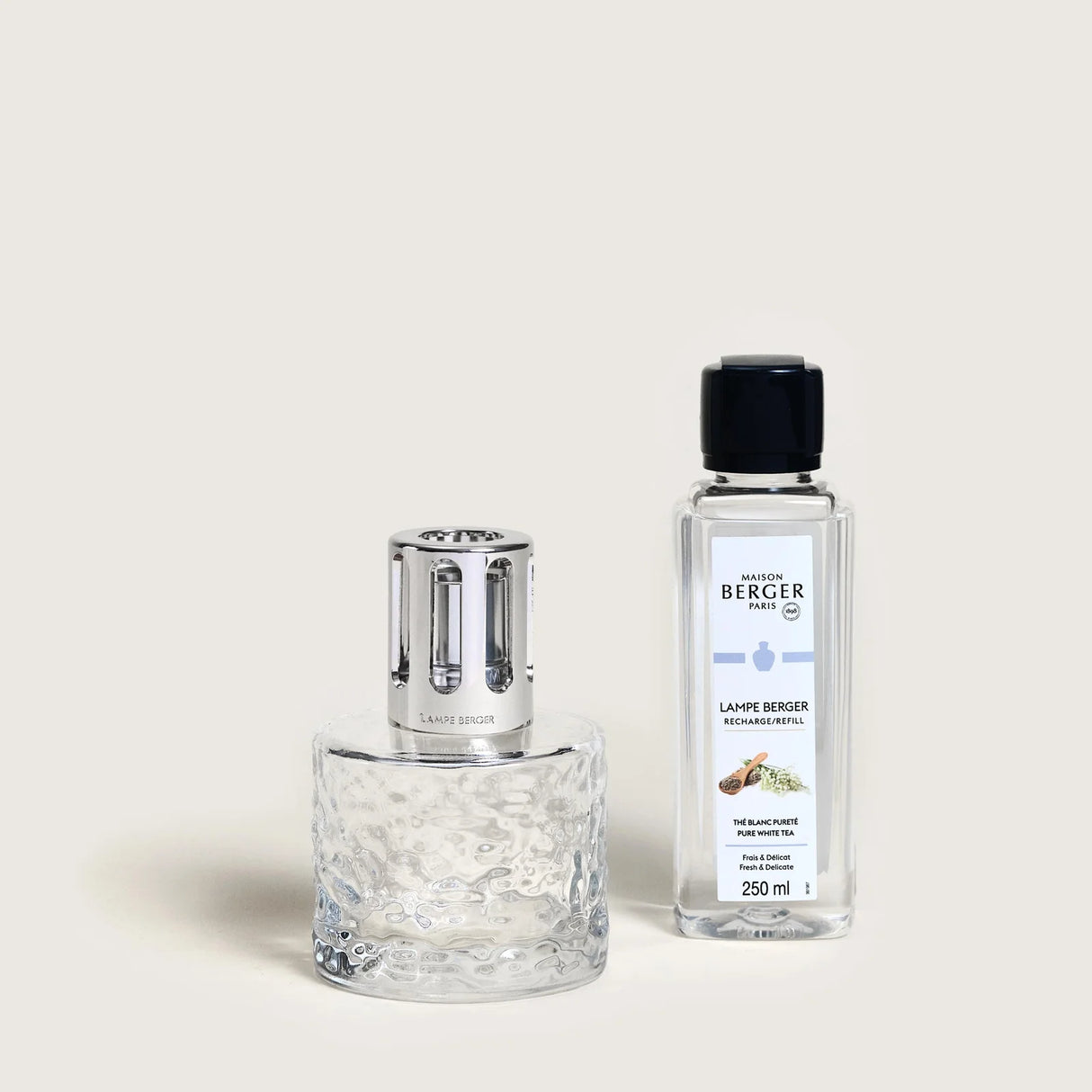 LAMPE BERGER Lampada Catalitica Cofanetto Mirage Trasparente con Flacone 250ml Thé Blanc Pureté
